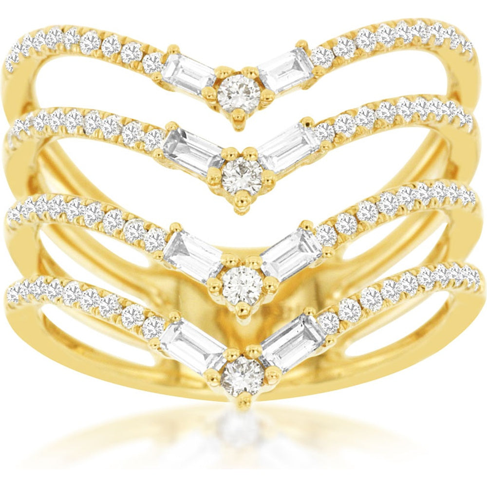14K Yellow Gold Multi-Row Chevron Ring with Pave Round and Baguette Diamonds - 0.79 Carat Total Diamond Weight - Royal Jewelry