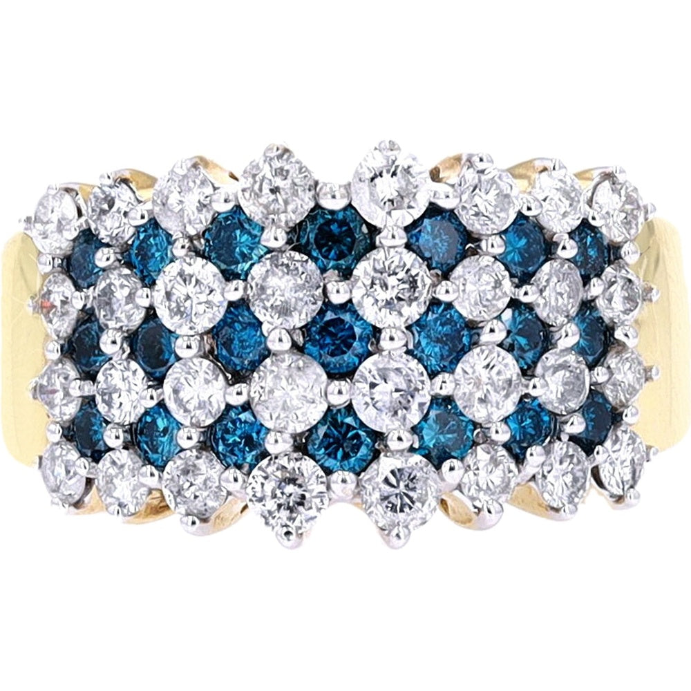 14K Yellow Gold Multi-Row Cluster Ring with Round White and Treated Blue Diamonds - 2.00 Carat Total Diamond Weight