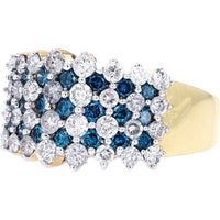 14K Yellow Gold Multi-Row Cluster Ring with Round White and Treated Blue Diamonds - 2.00 Carat Total Diamond Weight