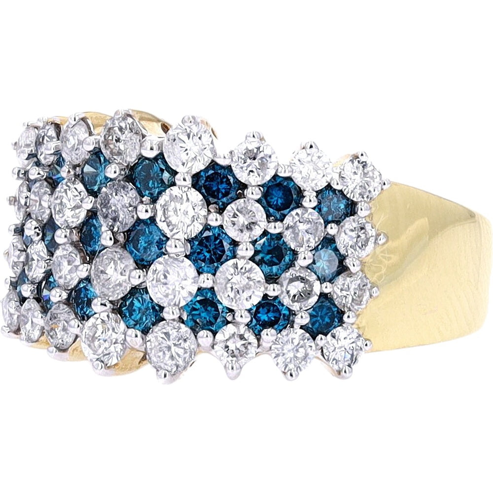 14K Yellow Gold Multi-Row Cluster Ring with Round White and Treated Blue Diamonds - 2.00 Carat Total Diamond Weight