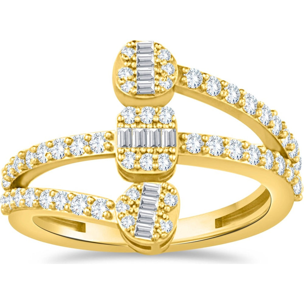 14K Yellow Gold Multi-Row Fashion Ring with Pavé Round and Baguette Diamonds - 0.58 Carat Total Diamond Weight by Auriventus