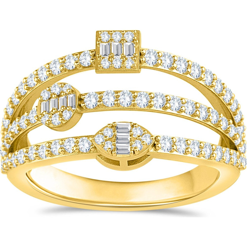 14K Yellow Gold Multi-Row Geometric Fashion Ring with Round and Baguette Diamonds - 0.80 Carat Total Diamond Weight by Auriventus