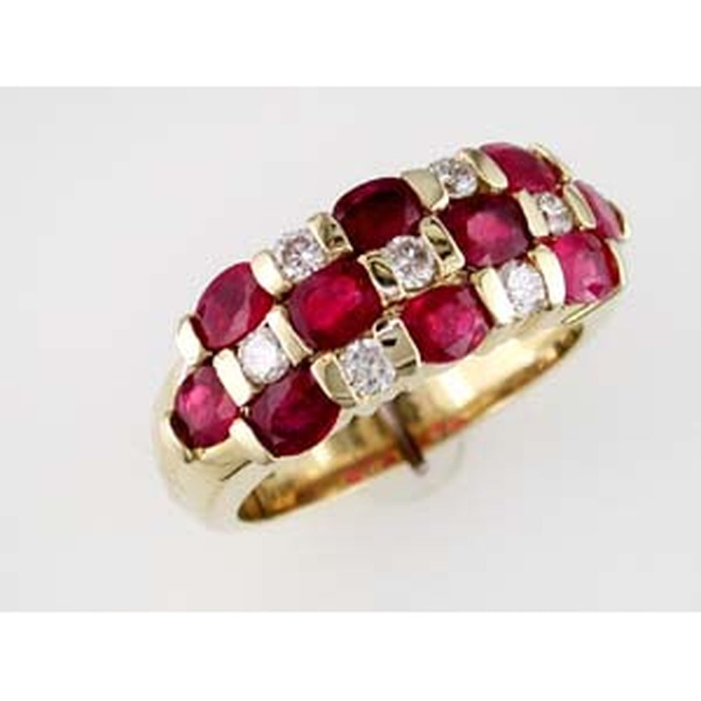 14K Yellow Gold Multi-Row Ring with Oval Rubies and Round Diamond Accents - 2.15 Carat Total Ruby Weight and 0.37 Carat Total Diamond Weight - Royal Jewelry