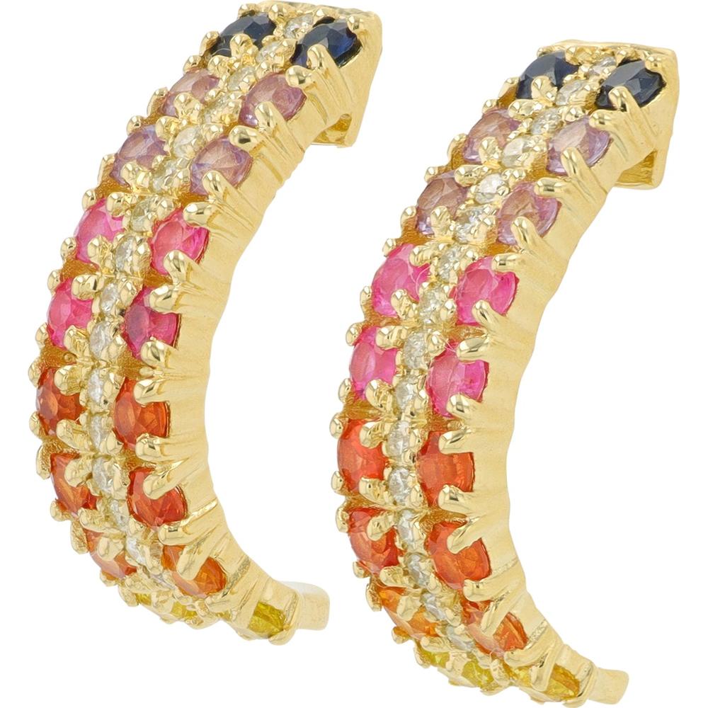 14K Yellow Gold Multi Sapphire and Diamond Hoop Earrings - 1.50 Carat Total Sapphire, 0.50 Carat Total Diamond