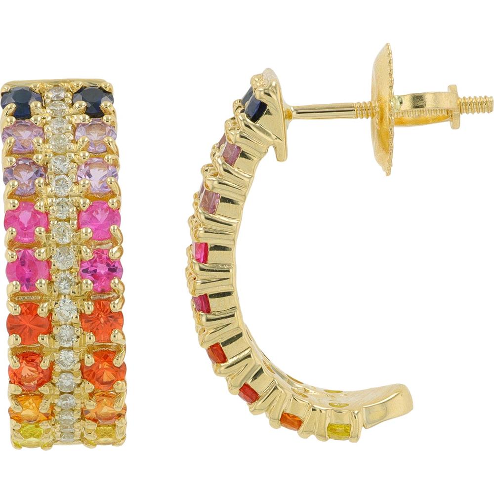 14K Yellow Gold Multi Sapphire and Diamond Hoop Earrings - 1.50 Carat Total Sapphire, 0.50 Carat Total Diamond