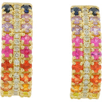 14K Yellow Gold Multi Sapphire and Diamond Hoop Earrings - 1.50 Carat Total Sapphire, 0.50 Carat Total Diamond