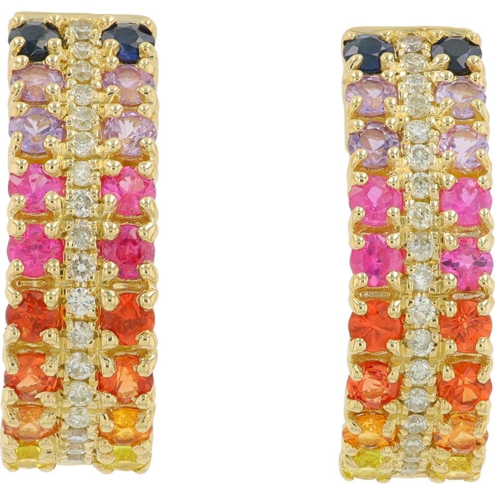 14K Yellow Gold Multi Sapphire and Diamond Hoop Earrings - 1.50 Carat Total Sapphire, 0.50 Carat Total Diamond