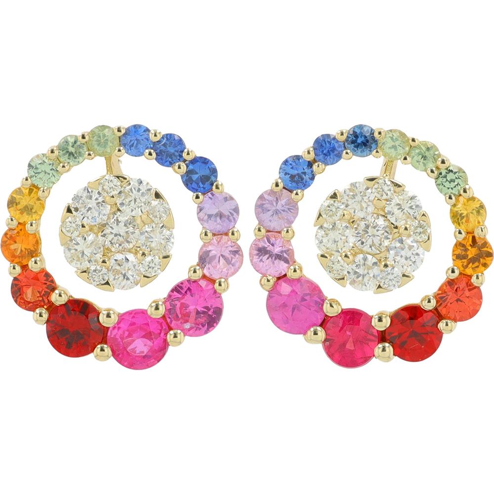 14K Yellow Gold Multi Sapphire and Diamond Stud Earrings - 1.50 Carat Total Sapphire Weight, 0.38 Carat Total Diamond Weight
