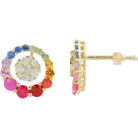 14K Yellow Gold Multi Sapphire and Diamond Stud Earrings - 1.50 Carat Total Sapphire Weight, 0.38 Carat Total Diamond Weight