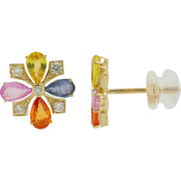14K Yellow Gold Multi Sapphire and Diamond Stud Earrings - 2.00 Carat Total Sapphire Weight, 0.25 Carat Total Diamond Weight