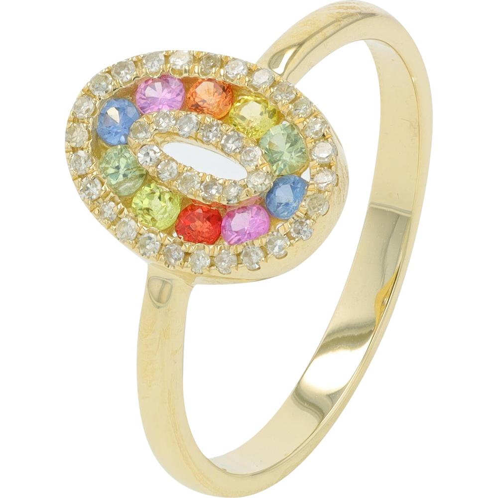 14K Yellow Gold Multi Sapphire Cluster Ring with Diamond Accents - 0.32 Carat Sapphire & 0.12 Carat Diamond Total Weight
