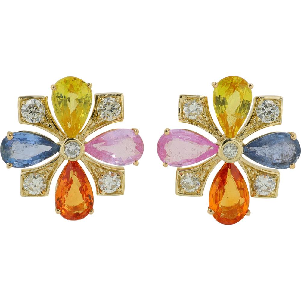 14K Yellow Gold Multi Sapphire Floral Earrings with Diamond Accents - 2.00 Carat Total Sapphire Weight, 0.25 Carat Total Diamond Weight