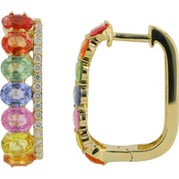 14K Yellow Gold Multi Sapphire Hoop Earrings with 3.00 Carat Total Sapphire and 0.20 Carat Diamond Accents