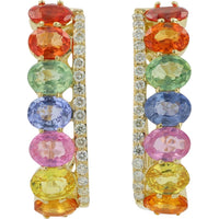 14K Yellow Gold Multi Sapphire Hoop Earrings with 3.00 Carat Total Sapphire and 0.20 Carat Diamond Accents
