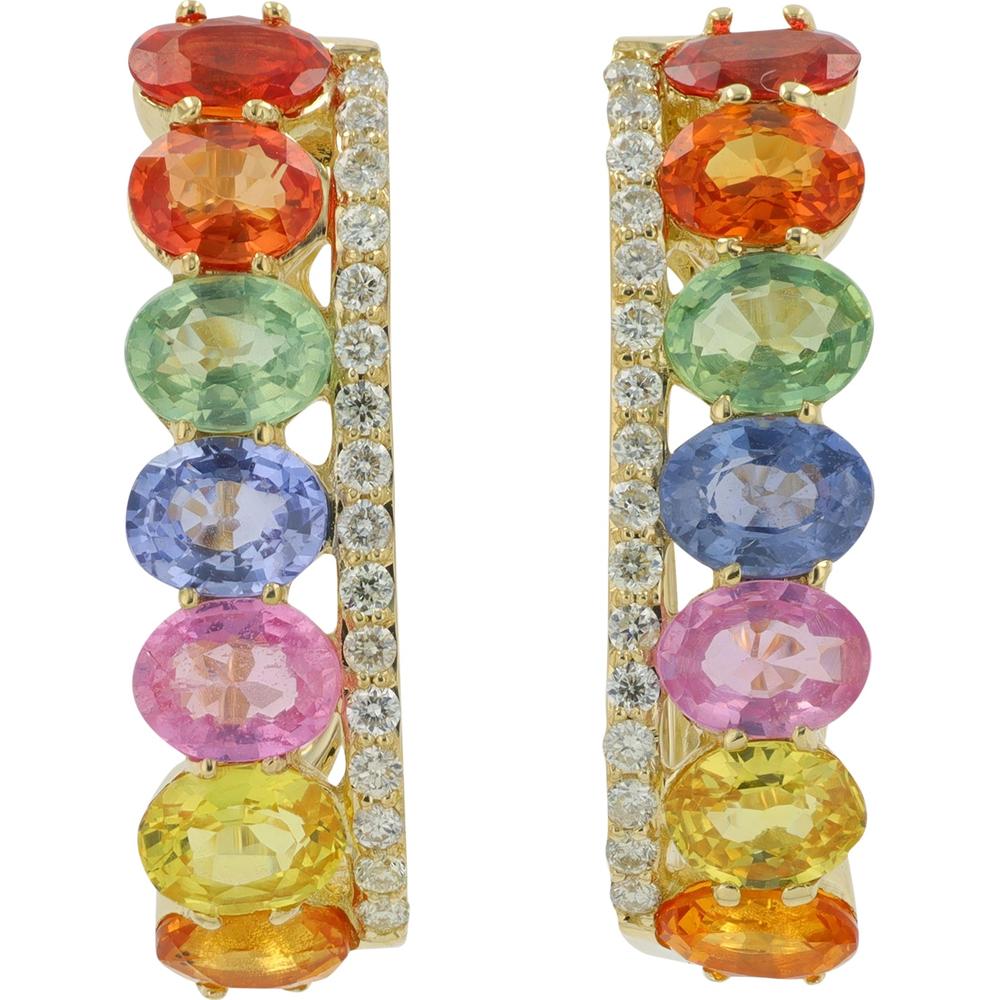 14K Yellow Gold Multi Sapphire Hoop Earrings with 3.00 Carat Total Sapphire and 0.20 Carat Diamond Accents