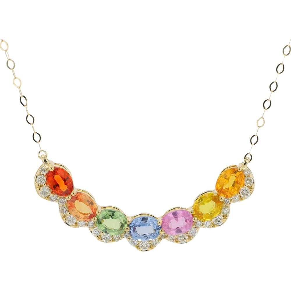 14K Yellow Gold Multi Sapphire Oval Pendant with Diamond Halo - 1.50 Carat Total Sapphire Weight