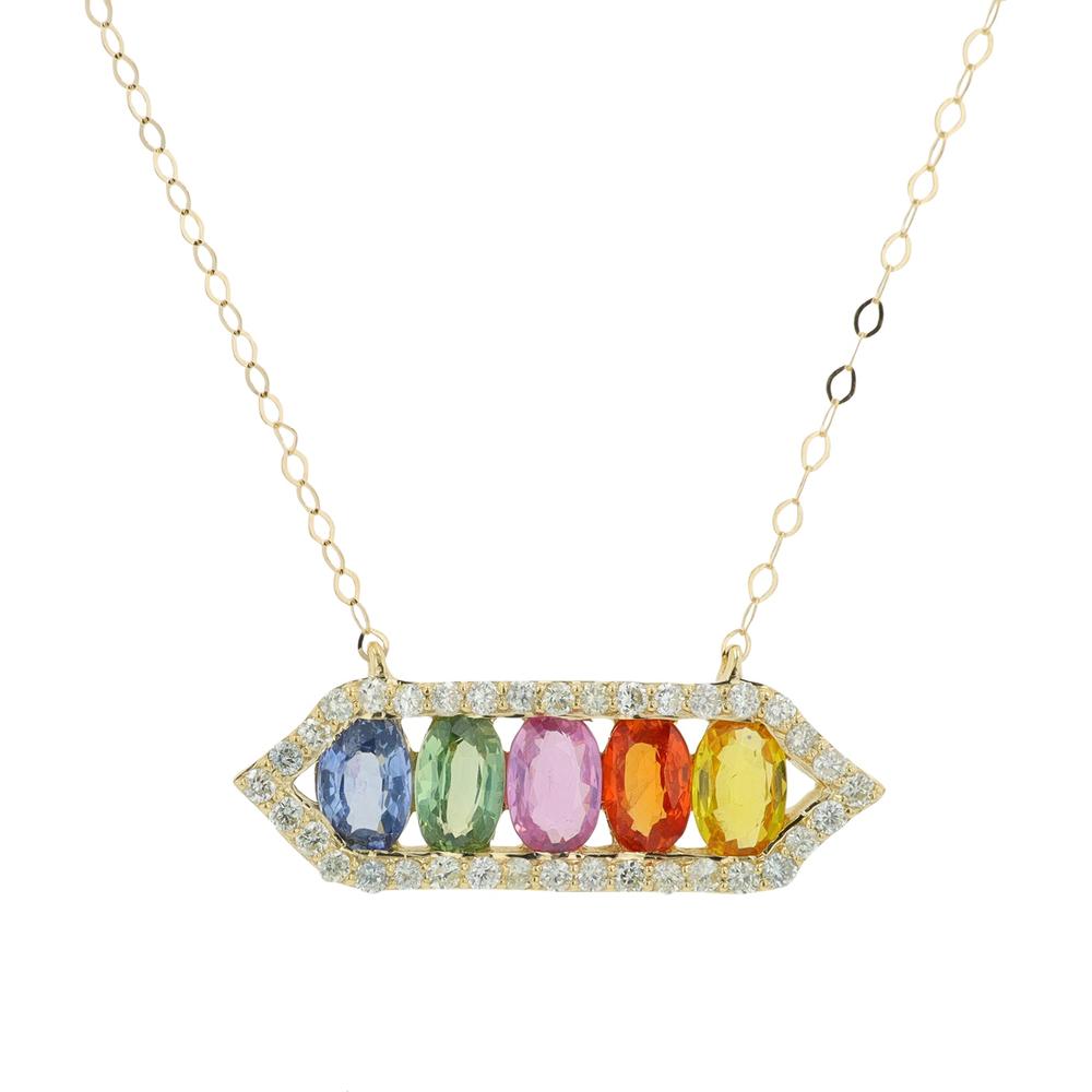 14K Yellow Gold Multi Sapphire Pendant with Diamond Halo - 1.75 Carat Total Weight