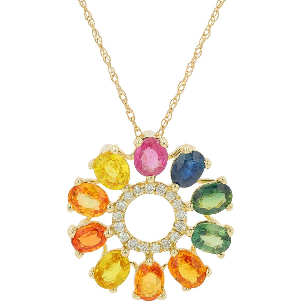 14K Yellow Gold Multi Sapphire Pendant with Diamond Halo - 2.65 Carat Total Sapphire Weight, 0.10 Carat Diamond Weight