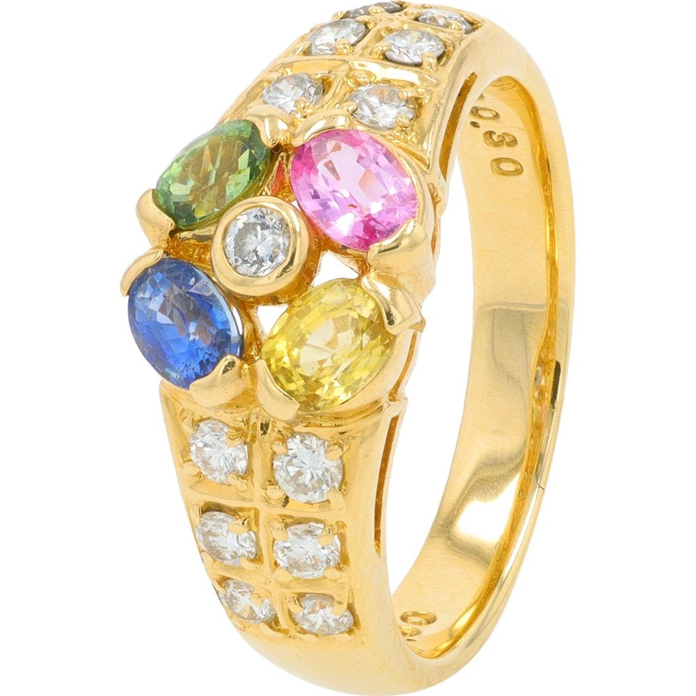 14K Yellow Gold Multi Sapphire Ring with Diamond Accents - 0.90 Carat Total Sapphire Weight, 0.30 Carat Total Diamond Weight