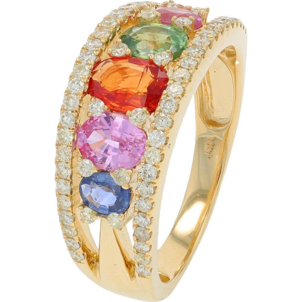 14K Yellow Gold Multi Sapphire Ring with Diamond Accents - 1.80 Carat Total Sapphire Weight, 0.50 Carat Total Diamond Weight