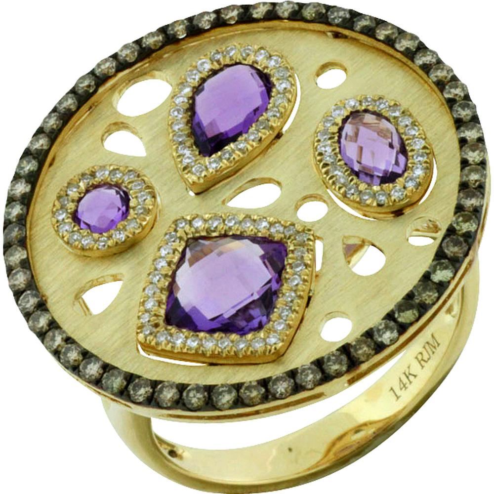 14K Yellow Gold Multi-Shape Amethyst Halo Ring with White and Mocha Diamond Accents - 1.40 Carat Amethyst Weight, 0.20 Carat White Diamond Weight, 58 Mocha Diamonds - Royal Jewelry