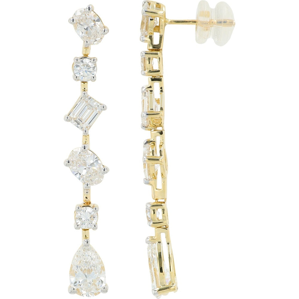 14K Yellow Gold Multi-Shape Lab Grown Diamond Drop Earrings with Oval, Round, Lozenge, and Pear Cuts - 4.00 Carat Total Diamond Weight