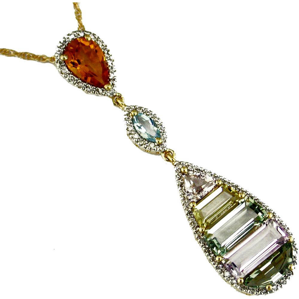 14K Yellow Gold Multi-Stone Drop Pendant with Halo-Set Round Diamonds, Pear Citrine, Marquise Blue Topaz, and Baguette Lemon Quartz - 0.26 Carat Total Diamond Weight and 6.20 Carat Total Semi-Precious Gem Weight - Royal Jewelry