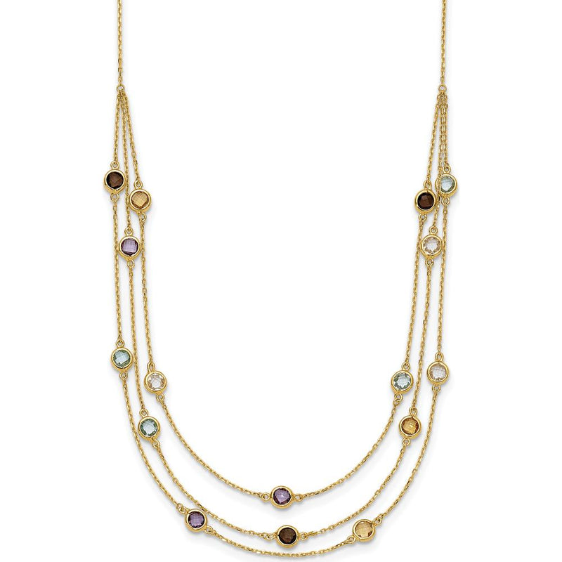 14K Yellow Gold Multi-Strand Necklace with Round Briolette-Cut Smoky Quartz, Amethyst, Citrine, Sky Blue Topaz, and White Quartz - 5.75 Carat Total Gemstone Weight by Oro Pregiato