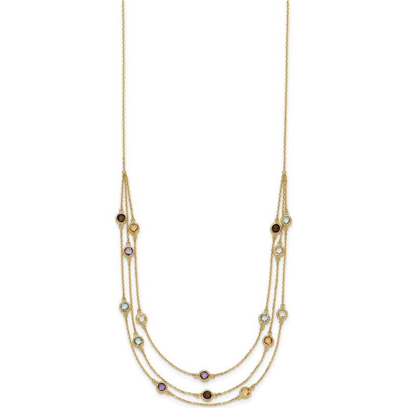 14K Yellow Gold Multi-Strand Necklace with Round Briolette-Cut Smoky Quartz, Amethyst, Citrine, Sky Blue Topaz, and White Quartz - 5.75 Carat Total Gemstone Weight by Oro Pregiato
