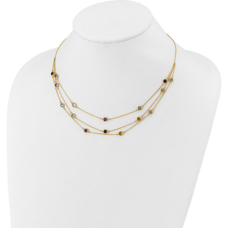 14K Yellow Gold Multi-Strand Necklace with Round Briolette-Cut Smoky Quartz, Amethyst, Citrine, Sky Blue Topaz, and White Quartz - 5.75 Carat Total Gemstone Weight by Oro Pregiato
