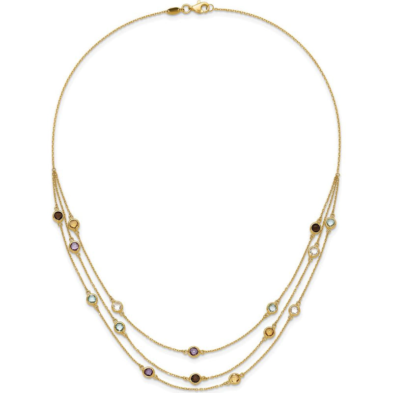 14K Yellow Gold Multi-Strand Necklace with Round Briolette-Cut Smoky Quartz, Amethyst, Citrine, Sky Blue Topaz, and White Quartz - 5.75 Carat Total Gemstone Weight by Oro Pregiato