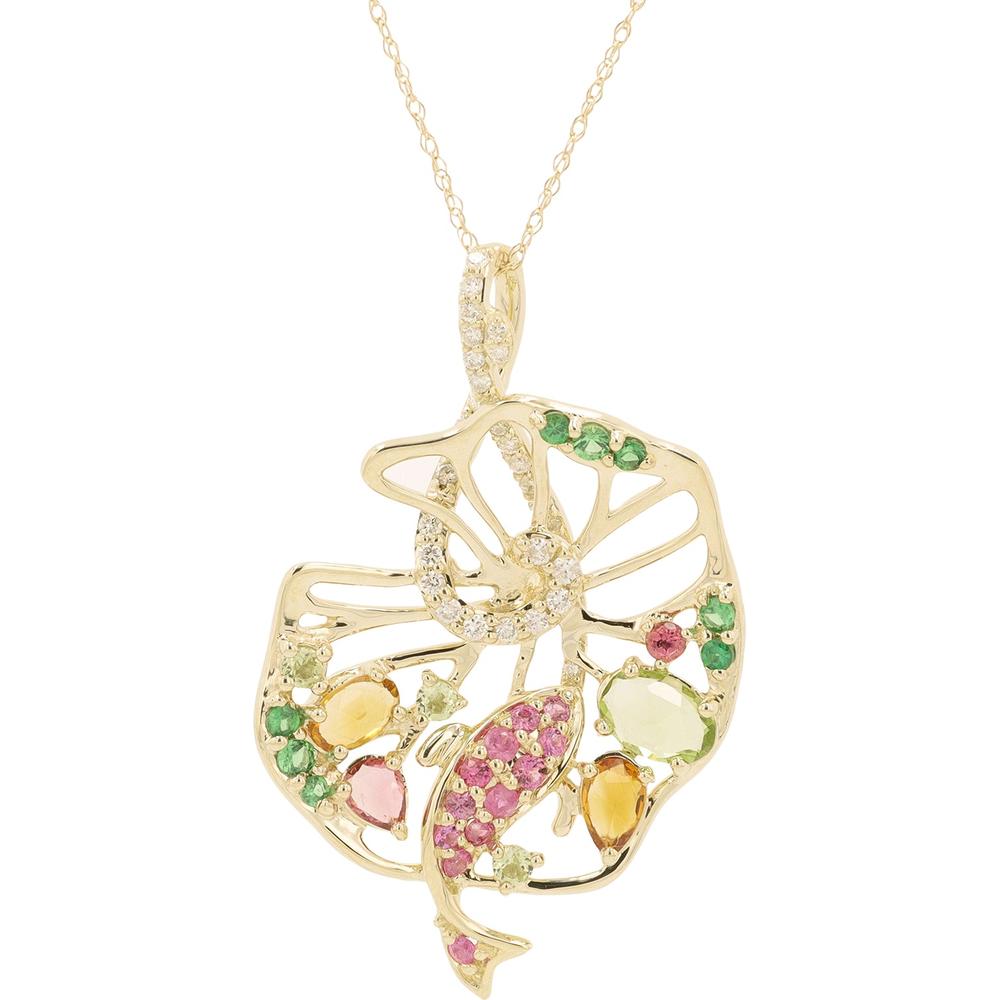 14K Yellow Gold Multicolor Gemstone Koi Fish Pendant with Diamonds - 1.65 Carat Total Gemstone Weight, 0.25 Carat Diamond Accents