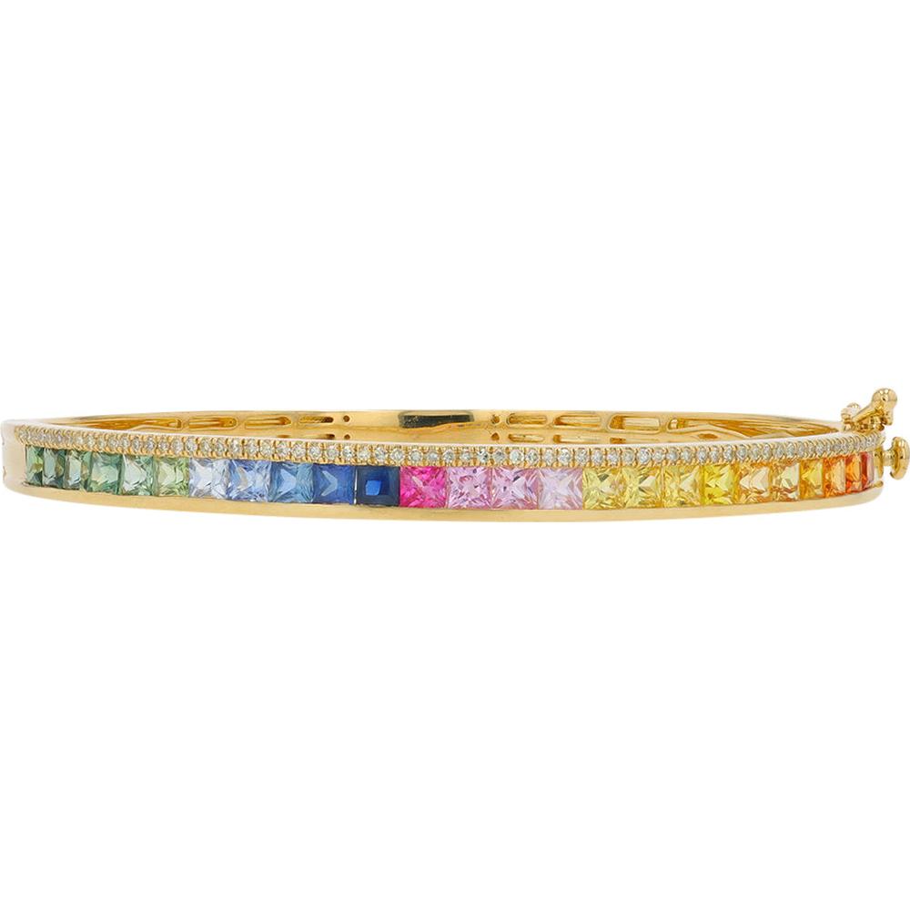 14K Yellow Gold Multicolor Sapphire and Diamond Bangle - 3.85 Carat Total Sapphire, 0.30 Carat Total Diamond