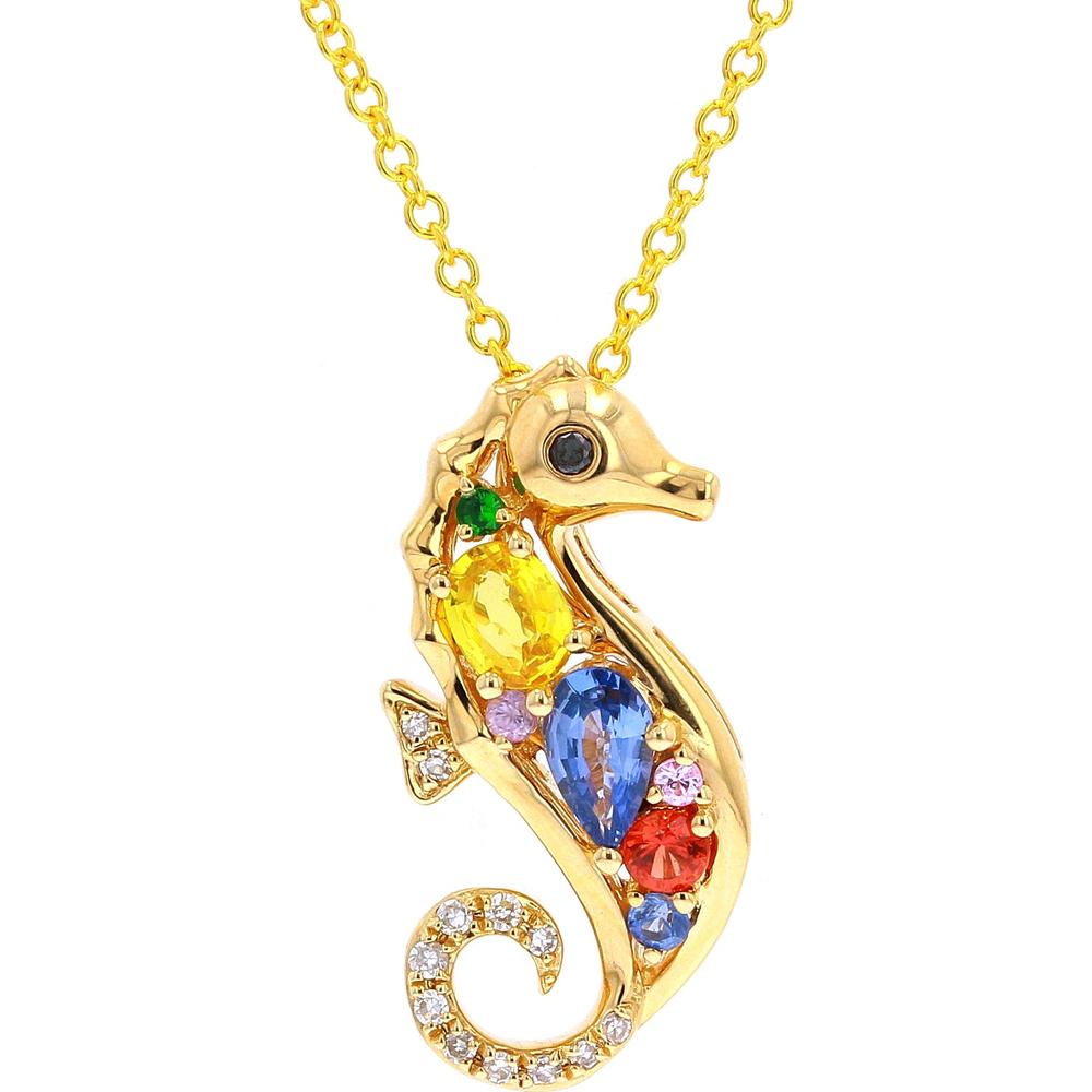 14K Yellow Gold Multicolor Sapphire and Diamond EFFY Seahorse Pendant Necklace - 0.71 Carat Total Gem Weight