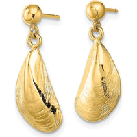 14K Yellow Gold Mussel Shell Dangle Earrings - Polished Finish 20.5mm Length by 0