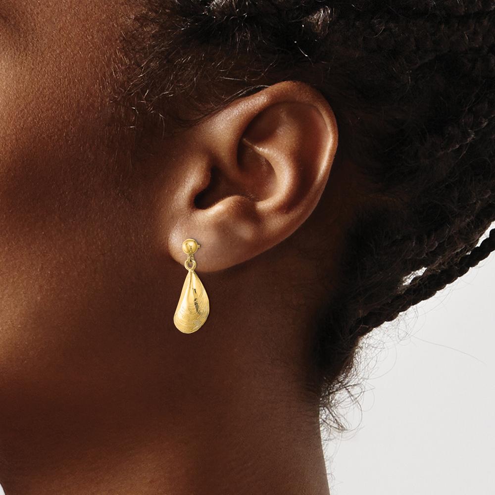 14K Yellow Gold Mussel Shell Dangle Earrings - Polished Finish 20.5mm Length by 0