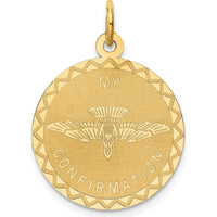 14K Yellow Gold "My Confirmation" Round Pendant with Engraved Dove Motif by Oro Pregiato