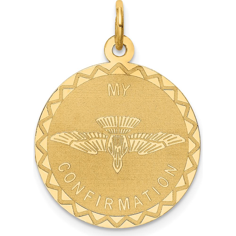 14K Yellow Gold "My Confirmation" Round Pendant with Engraved Dove Motif by Oro Pregiato