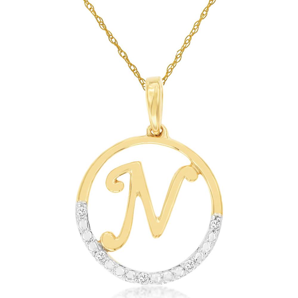 14K Yellow Gold N Initial Pendant Necklace with Round Diamonds - 0.02 Carat Total Diamond Weight - Royal Jewelry