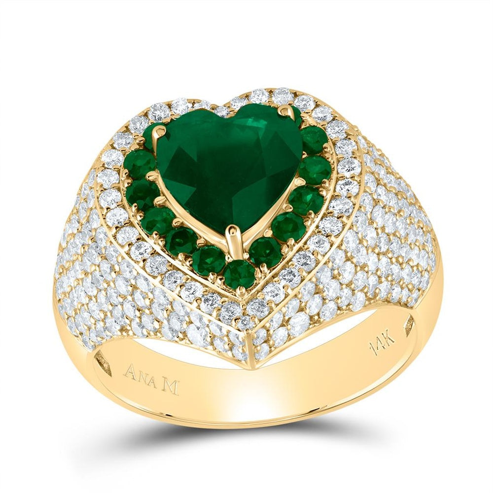 14K Yellow Gold Natural Diamond Emerald Heart Ring - 4 3/8 Carat Total Diamond Weight