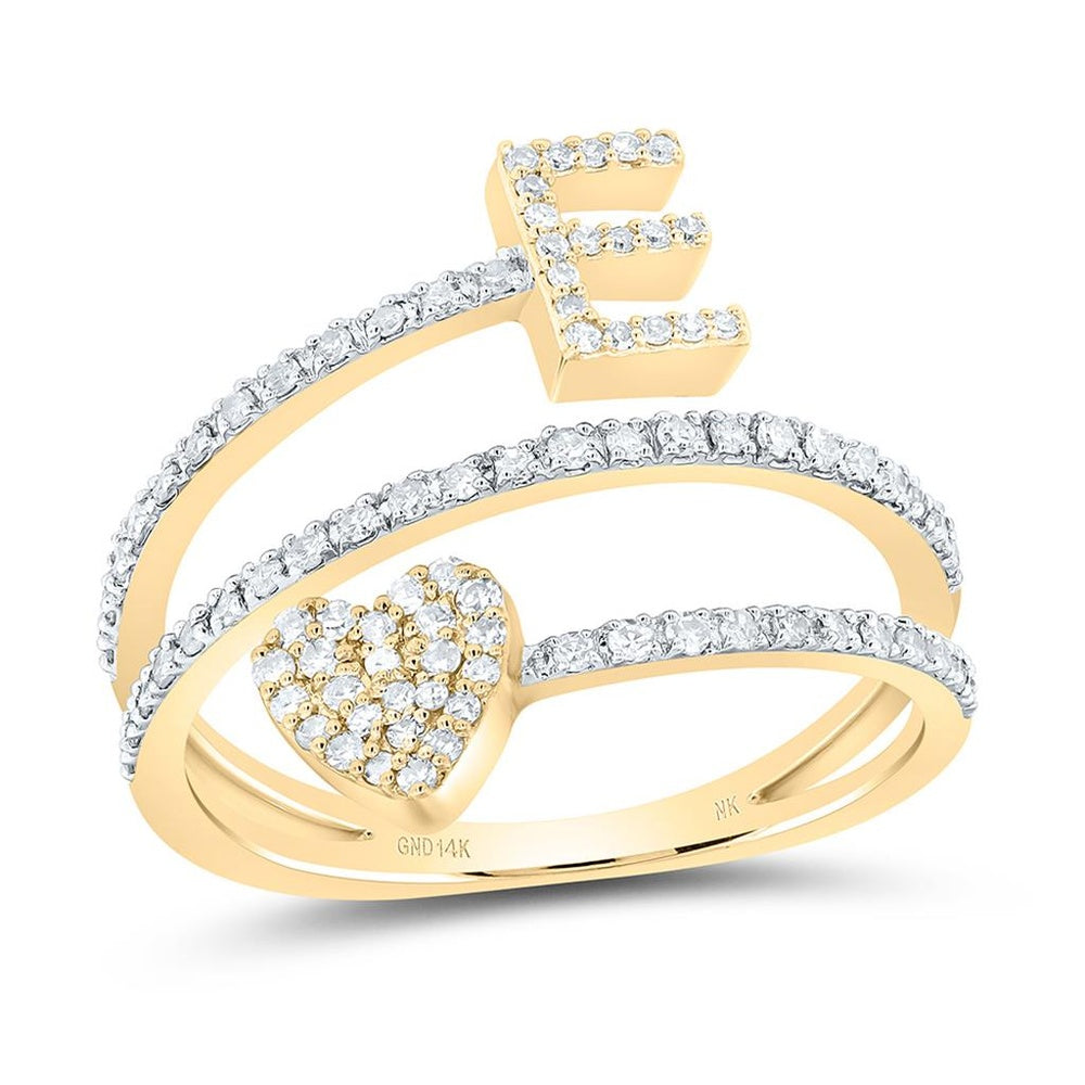 14K Yellow Gold Natural Diamond Initial "E" Heart Ring - 3/8 Carat Total Diamond Weight