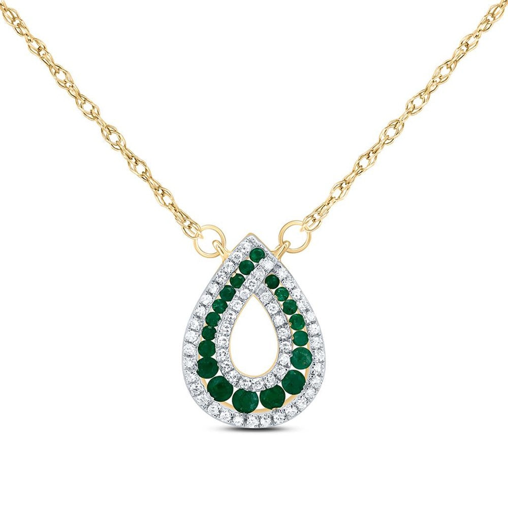 14K Yellow Gold Natural Diamond Nat Emerald Nat Gem Pear Necklace(18Inch) - 3/8 Carat Total Diamond Weight