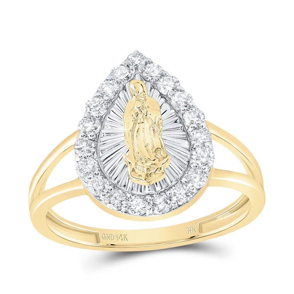 14K Yellow Gold Natural Diamond Virgin Mother Mary Pear Ring - 1/2 Carat Total Diamond Weight