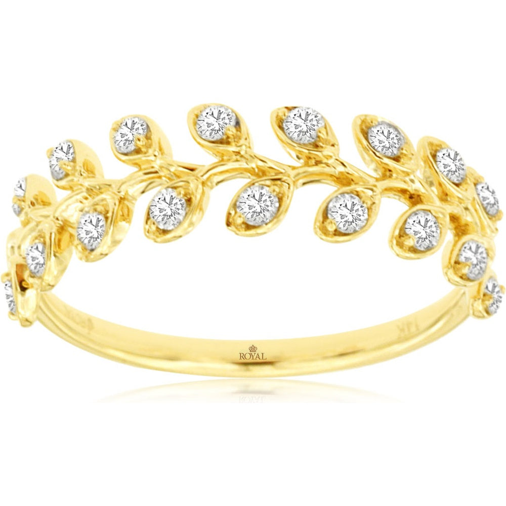 14K Yellow Gold Nature-Inspired Leaf Ring with Bezel-Set Round Diamonds - 0.32 Carat Total Diamond Weight - Royal Jewelry
