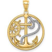 14K Yellow Gold Nautical Anchor and Ship's Wheel Pendant with Rhodium Plating - 23mm Length by Oro Pregiato