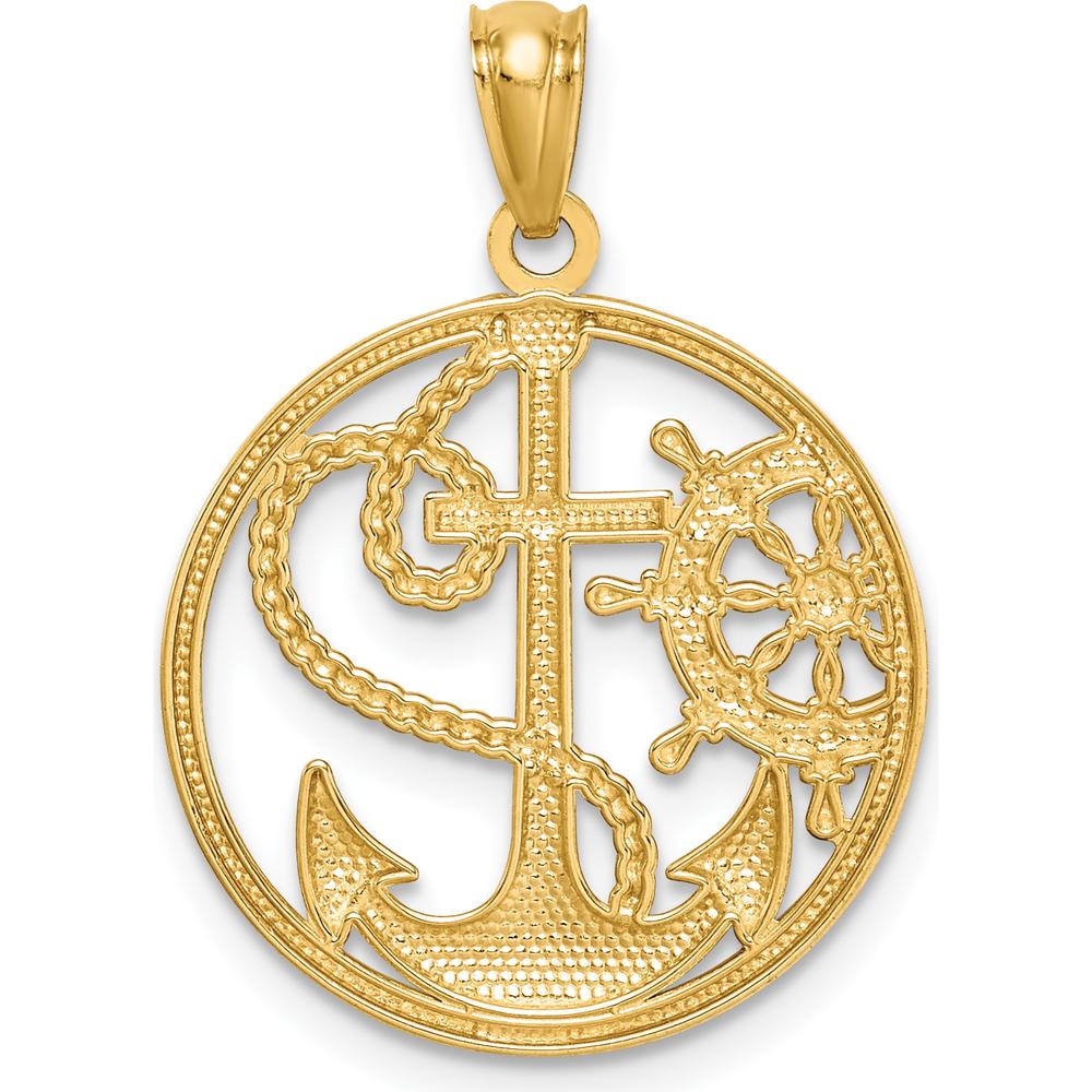 14K Yellow Gold Nautical Anchor and Ship's Wheel Pendant with Rhodium Plating - 23mm Length by Oro Pregiato