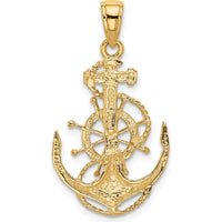 14K Yellow Gold Nautical Anchor with Rope and Ship's Wheel Pendant - 31mm Length by Oro Pregiato