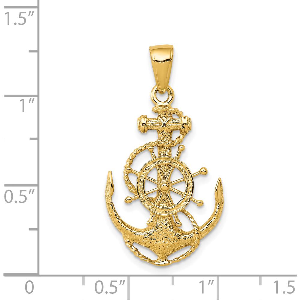 14K Yellow Gold Nautical Anchor with Rope and Ship's Wheel Pendant - 31mm Length by Oro Pregiato