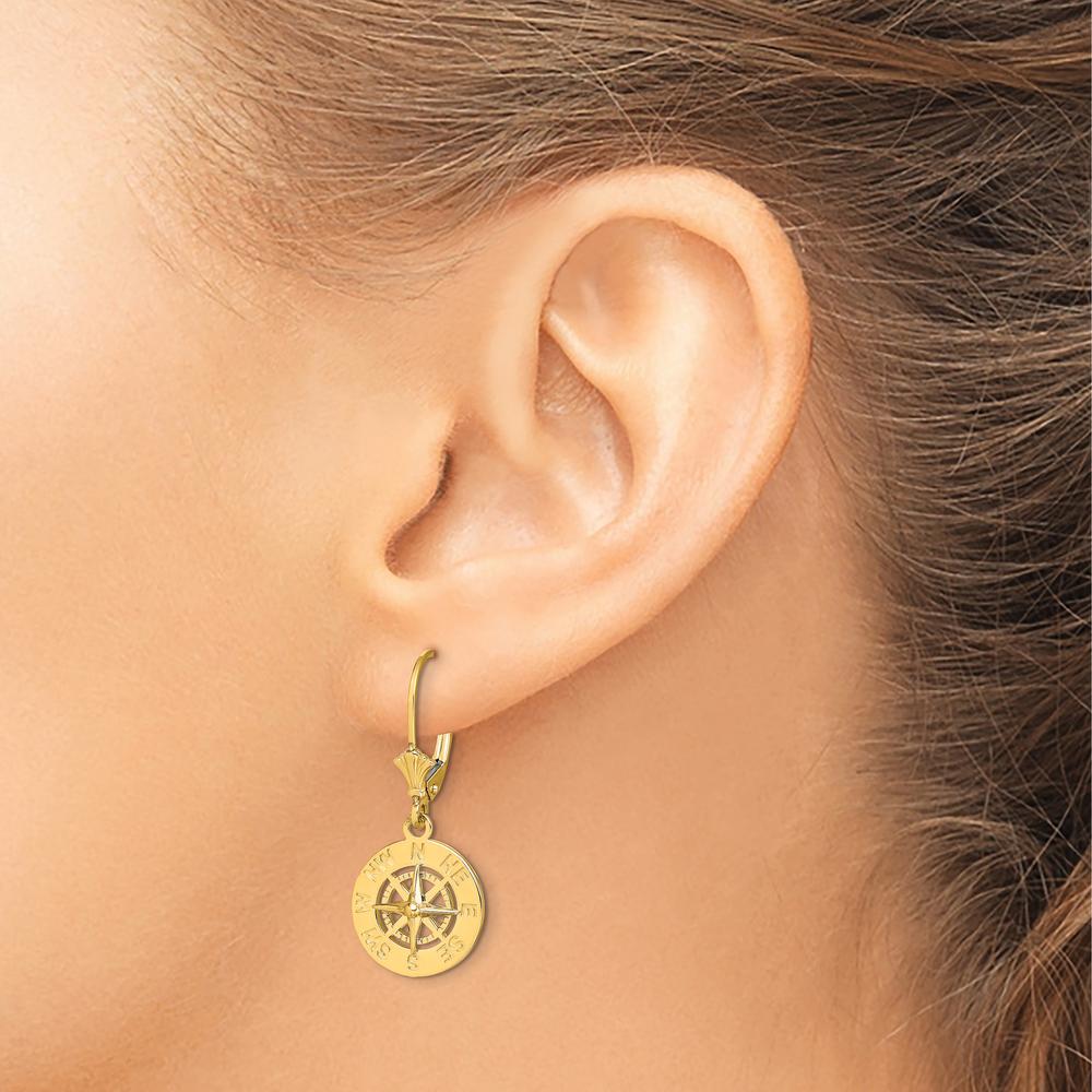 14K Yellow Gold Nautical Compass Leverback Drop Earrings with Polished Finish by 0