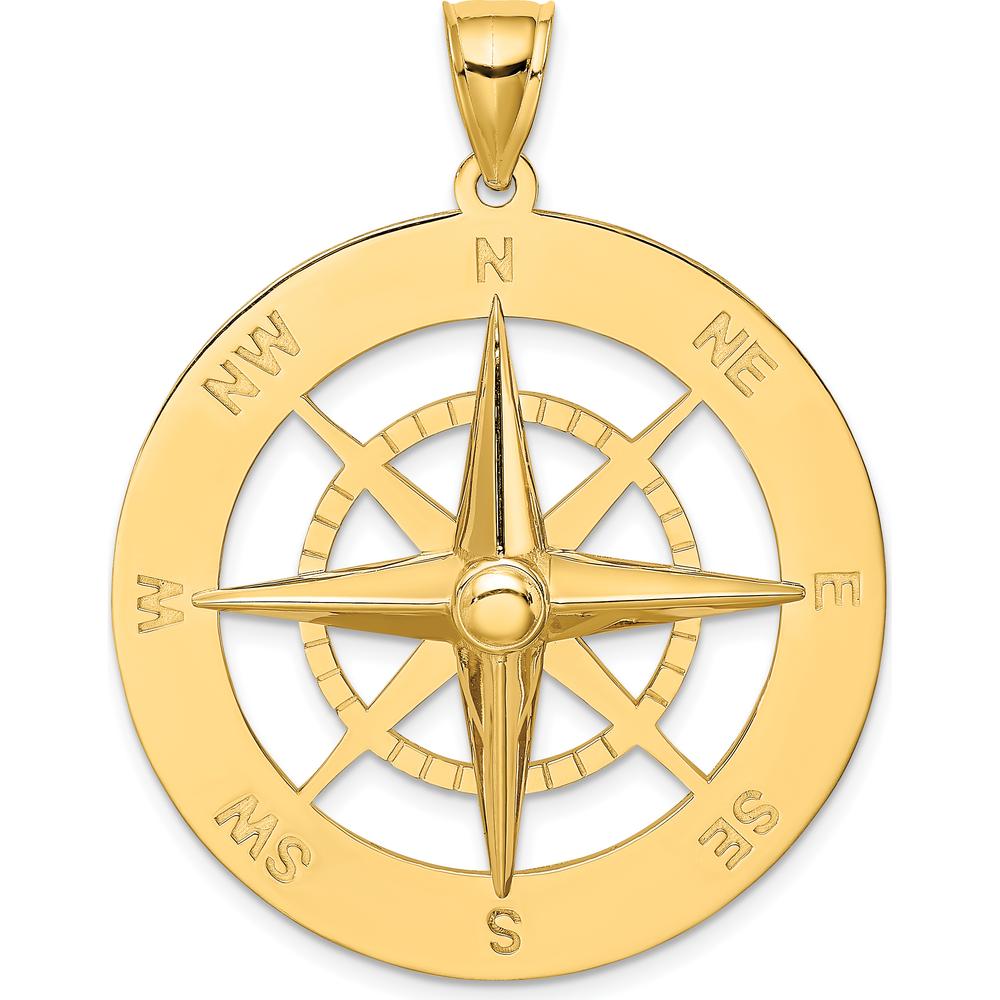 14K Yellow Gold Nautical Compass Pendant with Polished Finish - 41.4mm ...